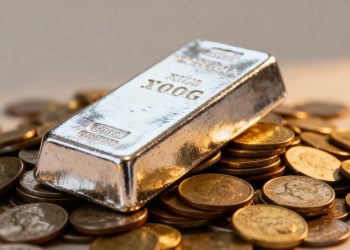 Barre d'argent et pièces de monnaie, symbole de richesse.