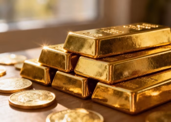 Lingots d'or et pièces d'or brillants.