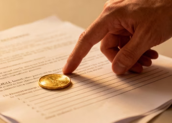 Pièce d'or sur un document légal, main pointant.