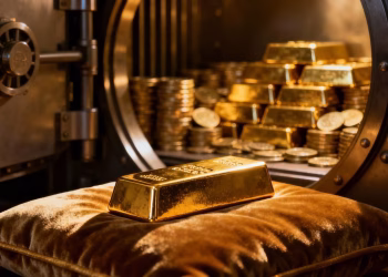 Lingots d'or dans un coffre-fort sécurisé.