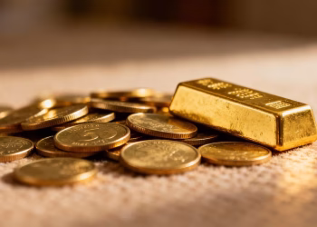 Petite pile de pièces d'or et barre d'or.