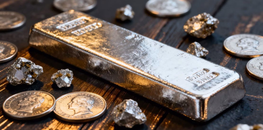 Barre d'argent, pièces et pépites d'argent.