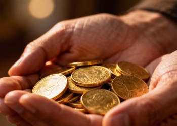 Mains tenant des pièces d'or, sécurité financière personnelle.