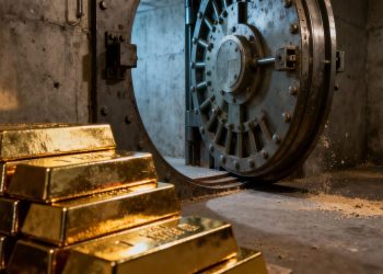 Coffre-fort rempli de lingots d'or dans un entrepôt sécurisé.