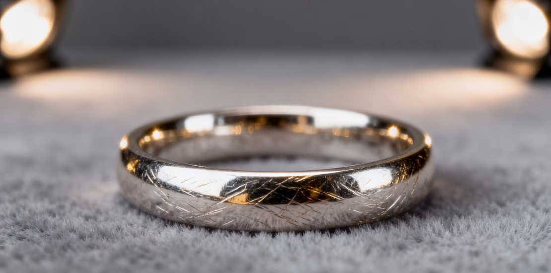 Bague en or blanc brillant avec des détails complexes.