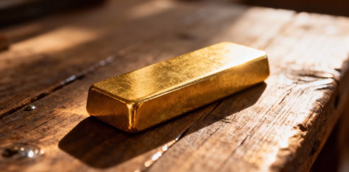 Barre d'or sur fond flou, symbolisant la richesse et la succession.