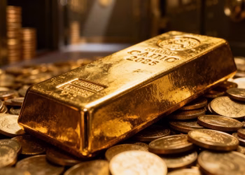 Lingot d'or sur des pièces d'or.