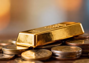 Lingot d'or sur des pièces, symbole d'investissement et d'inflation.