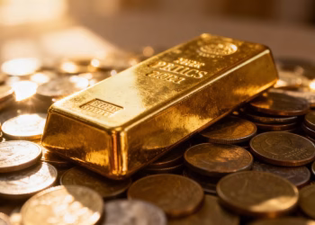 Barre d'or sur des pièces de monnaie.