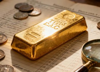 Lingot d'or sur un vieux registre, preuve d'acquisition.