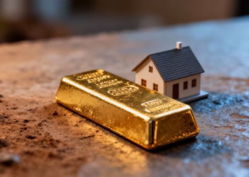 Barre d'or et maison miniature sur fond dégradé.