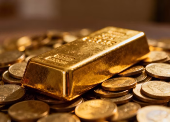 Barre d'or sur des pièces d'or.