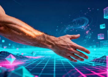Bras physique dans un paysage virtuel lumineux et abstrait.
