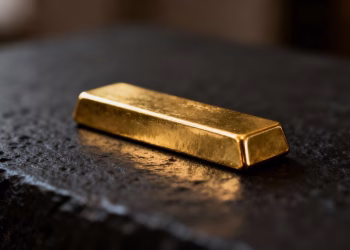 Lingot d'or brillant sur fond sombre.