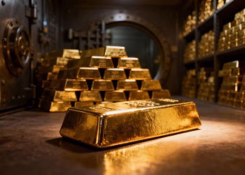 Lingots d'or dans un coffre-fort sécurisé.