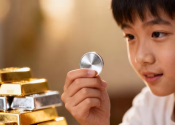 Jeune investisseur tenant une pièce d'argent.