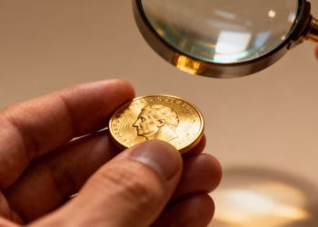 Main d'or examinant une pièce d'or avec une loupe.