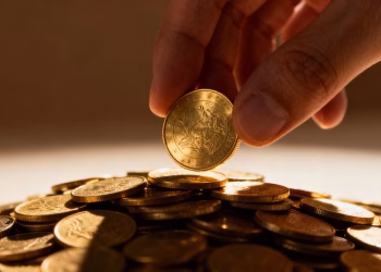 Main d'or transférant de l'or dans une pile.