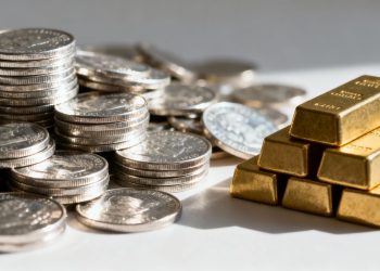 Pièces d'argent et lingots d'or.