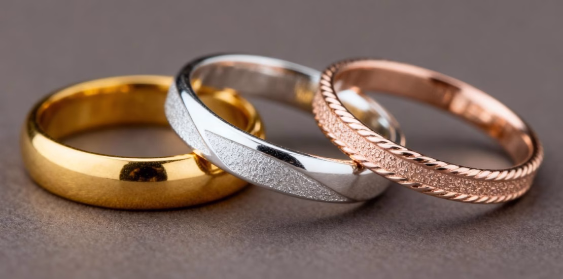 Anneaux en or jaune, blanc et rose côte à côte.