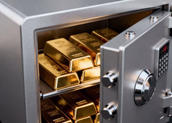 Coffre-fort modulaire avec des lingots d'or à l'intérieur.