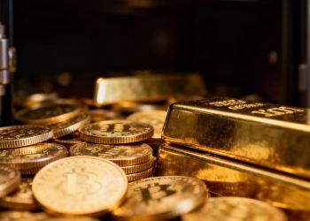 Pièces et lingots d'or brillants empilés.