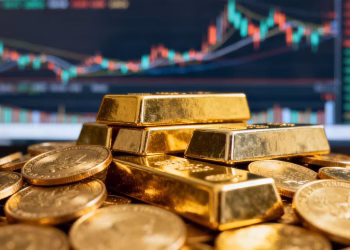 Lingots et pièces d'or dans un portefeuille indiciel.