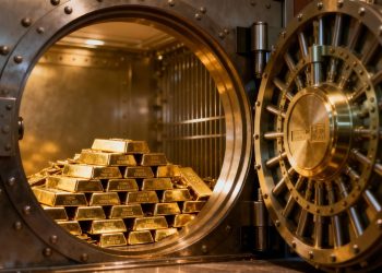 Coffre-fort bancaire ouvert avec des lingots d'or à l'intérieur.