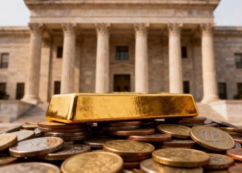 Lingot d'or et bâtiment de banque centrale.