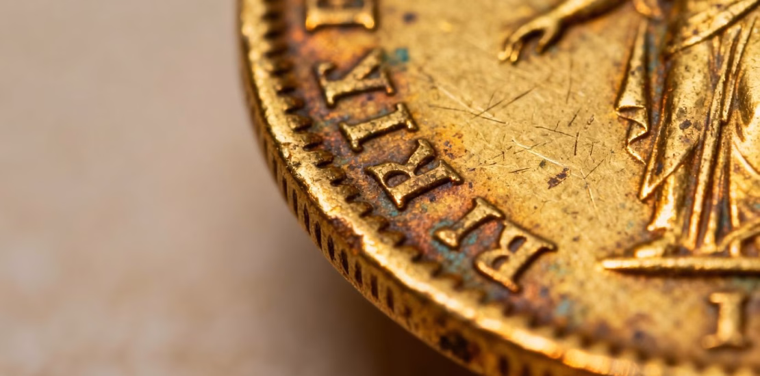 Pièce d'or ancienne avec gravures détaillées et éclat métallique.