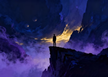 Paysage abstrait avec silhouette regardant vers l'inconnu.