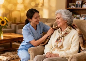Personne âgée souriante avec une aide à domicile.