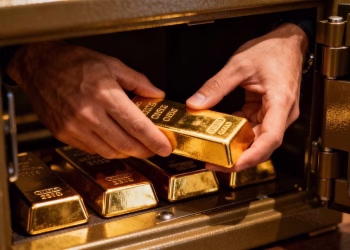 Mains plaçant des lingots d'or dans un coffre-fort à domicile.
