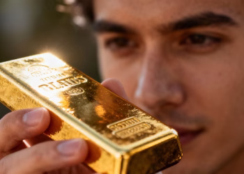 Personne tenant une barre d'or brillant.