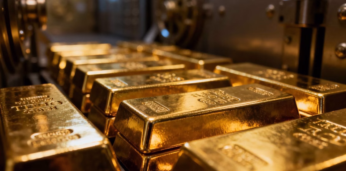 Lingots d'or empilés dans un coffre-fort.
