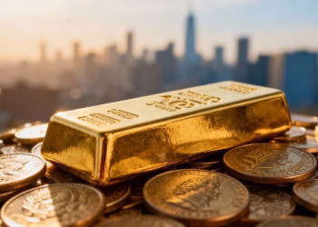 Barre d'or et pièces de monnaie sur fond de ville.