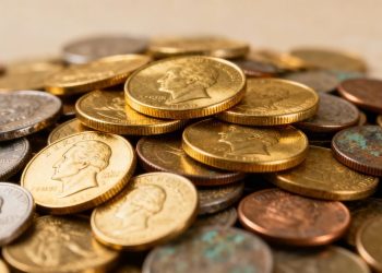 Pièces d'or et diverses devises pour un portefeuille d'investissement.