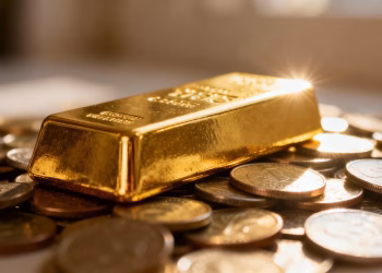 Lingot d'or sur des pièces de monnaie, symbole de richesse.