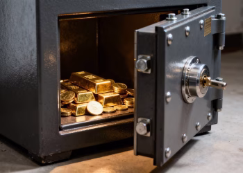 Coffre-fort scellé au sol avec des pièces d'or à l'intérieur.