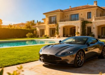 Villa luxueuse avec piscine et voiture de sport.