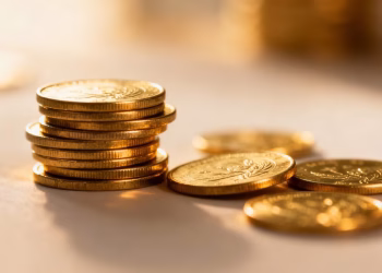 Pièces d'or et pièces de monnaie sur un fond flou.