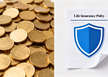 Pièces d'or et contrat d'assurance-vie côte à côte.