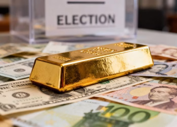 Barre d'or sur des billets de banque près d'une urne électorale.