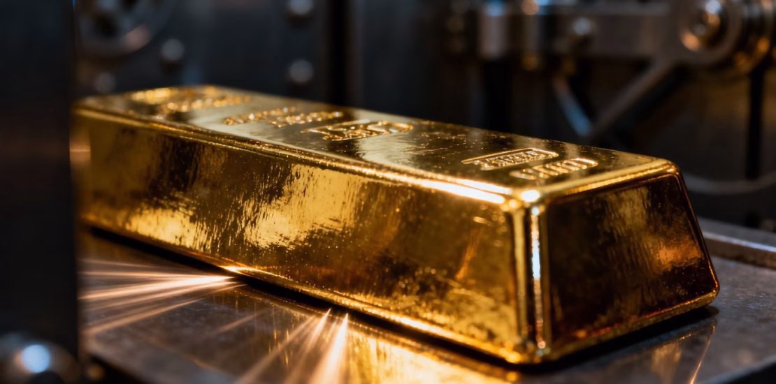 Lingot d'or brillant dans un coffre-fort sombre.