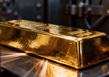 Lingot d'or brillant dans un coffre-fort sombre.