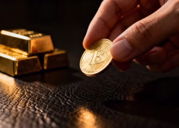 Main d'or tenant une pièce d'or, avec des lingots d'or.