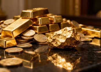 Lingots et pièces d'or brillants, gros plan sur un pépite.