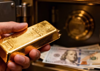 Main d'or tenant une barre d'or devant un coffre-fort.