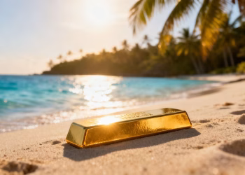 Lingot d'or sur une plage tropicale
