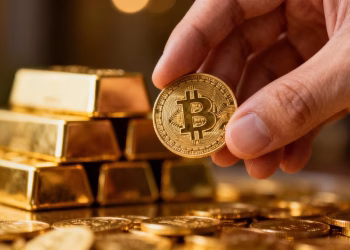 Main d'or tenant une pièce d'or, lingots en arrière-plan.